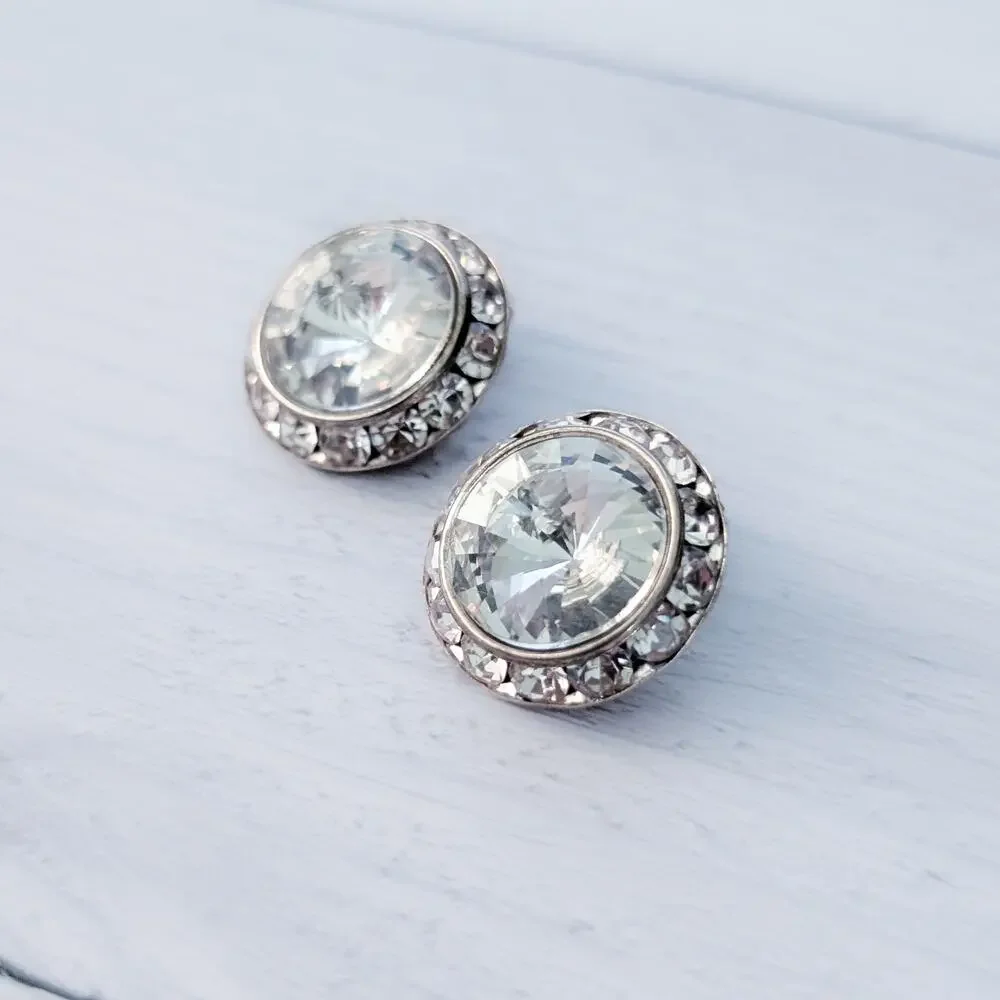 Vintage Clip On Earrings Large Clear with Clear Halo Costume Jewelry